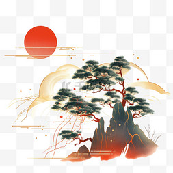 红日东升图图片_彩色水彩画手绘松树山峰红日元素