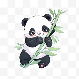 纯色背景熊猫图片_可爱熊猫拿着竹子玩耍手绘卡通元