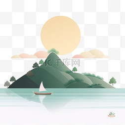 小船绿色图片_山水松树风景日出小船手绘元素