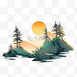 水彩画山峰松树日出元素手绘