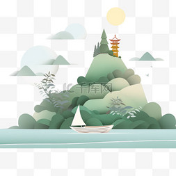 山水松树日出小船手绘元素风景