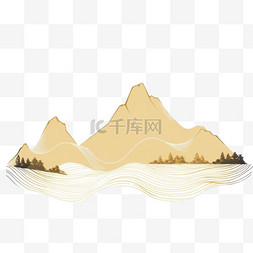 山峰线条手绘图片_手绘元素山水线条金色