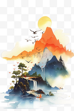 山水背景手绘图片_夕阳山水松树手绘水彩画元素