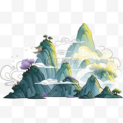 松树云彩山峰手绘水彩画元素