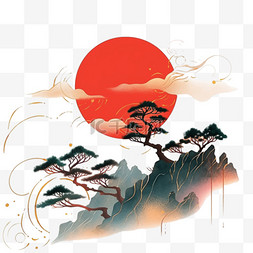 彩色松树山峰红日手绘元素水彩画