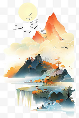 夕阳松树山水手绘水彩画元素