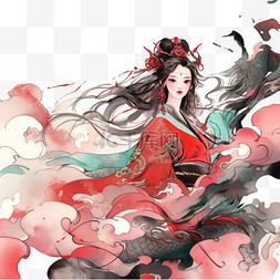 少女数字图片_国画传统少女水墨龙免扣元素装饰