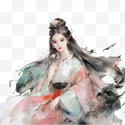 国画人物素材图片_国画人物少女水墨龙免扣元素装饰