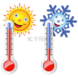 太阳雪花图片_两个温度计、 太阳和雪花.