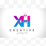 Xh X H 字母徽标与粉碎破碎蓝色粉红色纹理设计