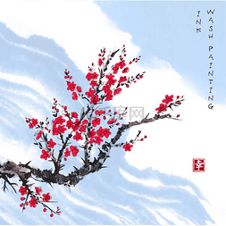 水墨天图片_红色樱花的樱花树 