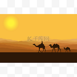 牵着骆驼在沙漠中与山背景上的商
