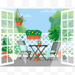 打开有家具和绿景的阳台门