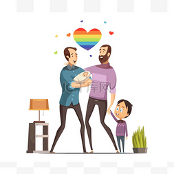 同性恋爱家庭的复古卡通插图 