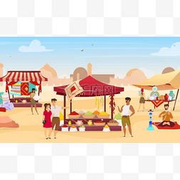 沙漠的人物图片_阿拉伯语bazaar平面彩色矢量插图。