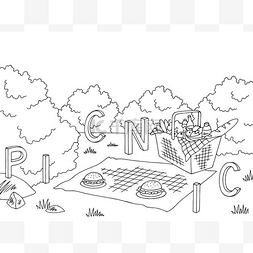 野餐篮图形黑白色风景素描插图矢
