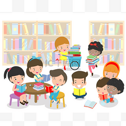 快乐的孩子在图书馆看书, 可爱的