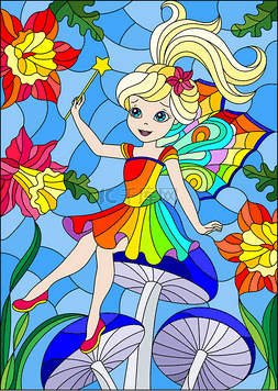 天空和彩虹图片_在彩绘的玻璃风格与可爱的卡通仙