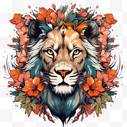狮子唯美鲜花插画AI元素立体免扣