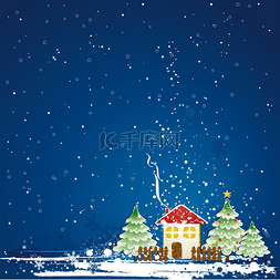 蔚蓝的天空图片_圣诞贺卡与房子、 松树和雪花在