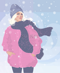 粉色外套图片_漂亮的金发姑娘，穿着冬季暴风雪