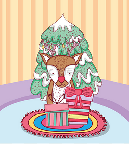 愉快的圣诞树与驯鹿在房子向量例