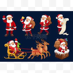 矢量红帽子图片_圣诞老人有礼品袋、铃铛、驯鹿雪