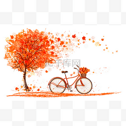 一棵树和一辆自行车的秋天背景。