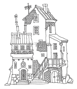 旧镇房子图片_漂亮的手绘有窗户、楼梯和门的老