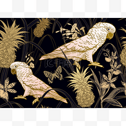 金箔图片_无缝的黑色背景与金鹦鹉, 花, 蝴