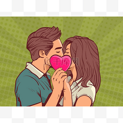 爱在情人节图片_年轻情侣亲吻 Hollding 粉红色的心