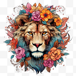狮子野兽鲜花插画AI元素立体免扣