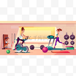 关于健康图片_矢量健身房背景与跑步机, 自行车