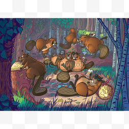 可爱的卡通海狸方在森林的一块空