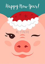 卡通猪眨眨眼, 新年快乐2019张贺卡。矢量插图