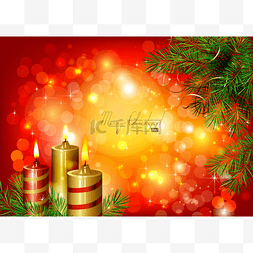 红色圣诞背景与燃烧的蜡烛和杉木