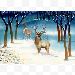 水彩冬季图片_水彩冬季景观与鹿.