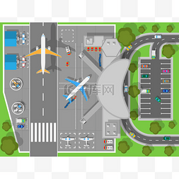 机场顶视图。航站楼和飞机