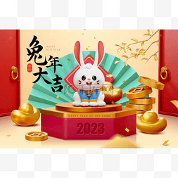 3D图片兔子坐在六边形讲台上。日