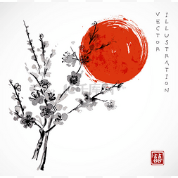 春天手绘樱花图片_花朵和红色的太阳在东方樱桃分公