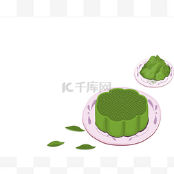 AUTUMN免扣图片_Mooncake matcha green tea flavour on plate wi