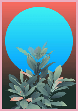 复制圆形图片_复古最小克罗顿热带植物和蓝色圆
