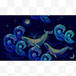 蓝鲸艺术图片_刺绣的鲸鱼无缝模式。蓝鲸浮海