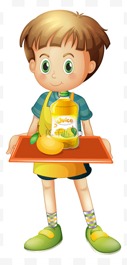 瓶装芒果汁图片_男孩抱着一个托盘与芒果汁