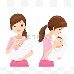 母亲用牛奶喂养婴儿奶瓶, 前后观,