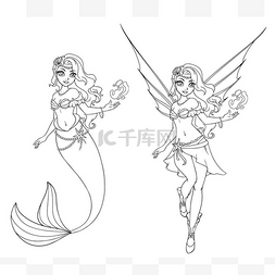 仙女和图片_一套卡通仙女和美人鱼。用于在白