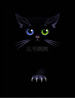 眼睛颜色图片_黑猫在黑色背景。黑猫，眼睛的颜