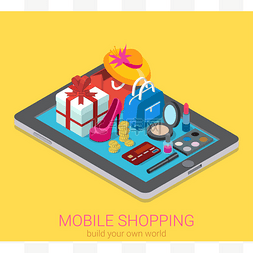 购物消费图片_isometric creative mobile shopping