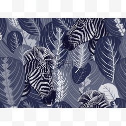 与热带树叶和动物斑马无缝的图案
