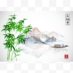 渔舟图片_山青竹树